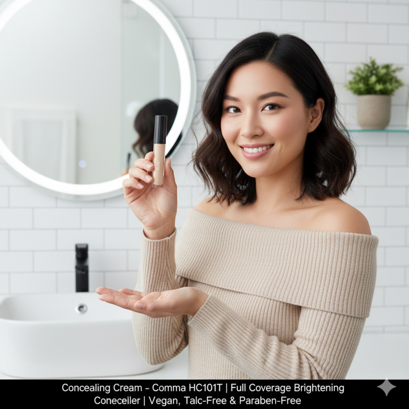 Woman holding concealer and a makeup brush